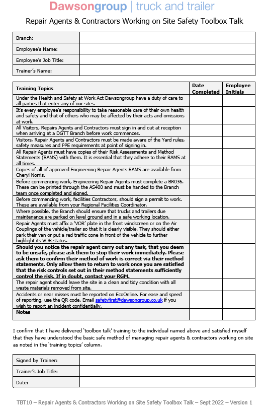 Toolbox Talks Dawsongroup truck & trailer